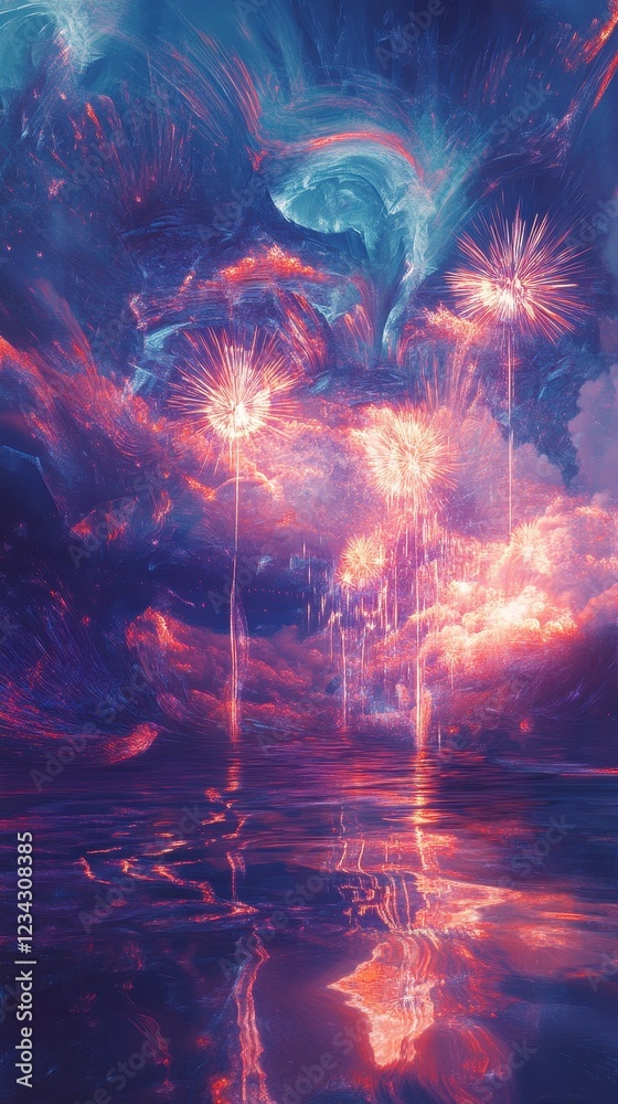 Obraz premium Fireworks Exploding Over a Serene Nightscape Ocean
