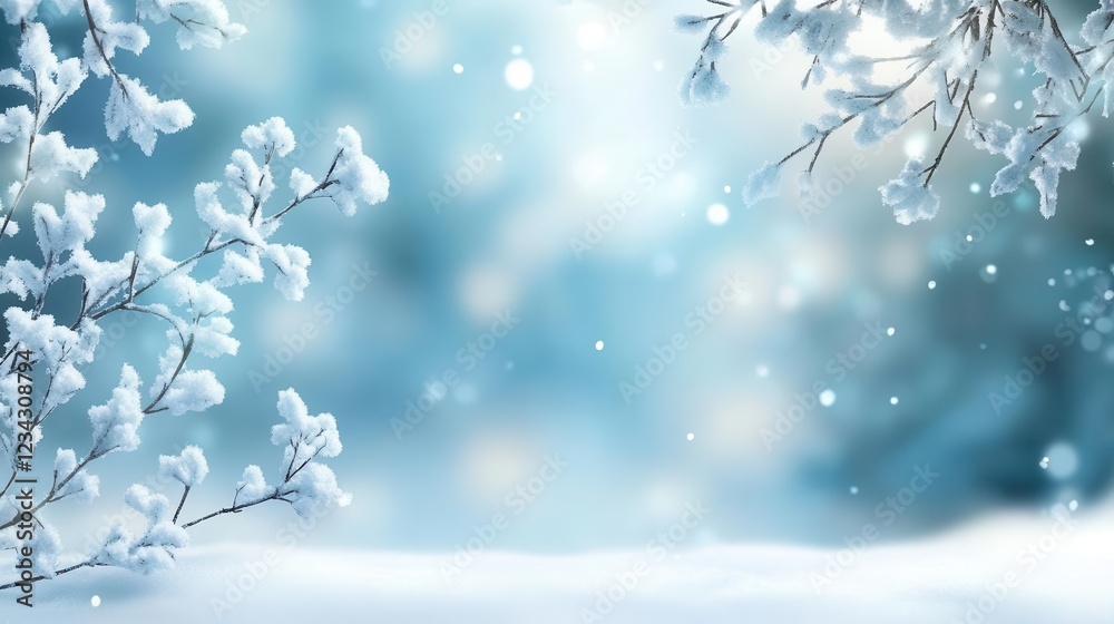 A wonderful winter scene with snow-covered branches and falling snowflakes, creating an atmosphere of tranquility and enchantment