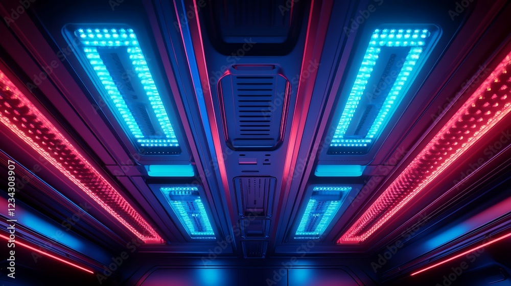 Obraz premium Futuristic Spaceship Glowing with Red and Blue Lights in a Dark Galactic Environment Surrounded by Stars and Nebulas Creating an Awe Inspiring Sci Fi Scene of Cosmic Adventure