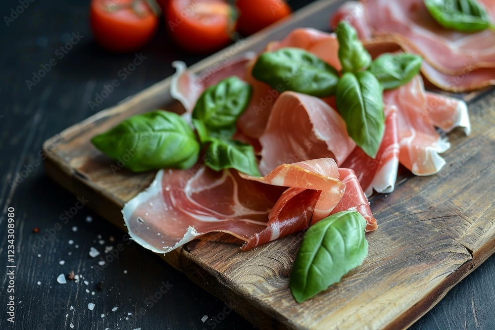 Thin slices of prosciutto with fresh basil leaves are arranged on a rustic wooden cutting board, garnished with salt and pepper Thin slices of prosciutto with fresh basil leaves are arranged on a rustic wooden cutting board, garnished with salt and pepper