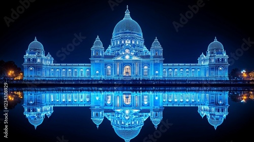 Victoria Memorial Illuminated in Blue Lights, Night View Reflected in Water at Kolkata, India