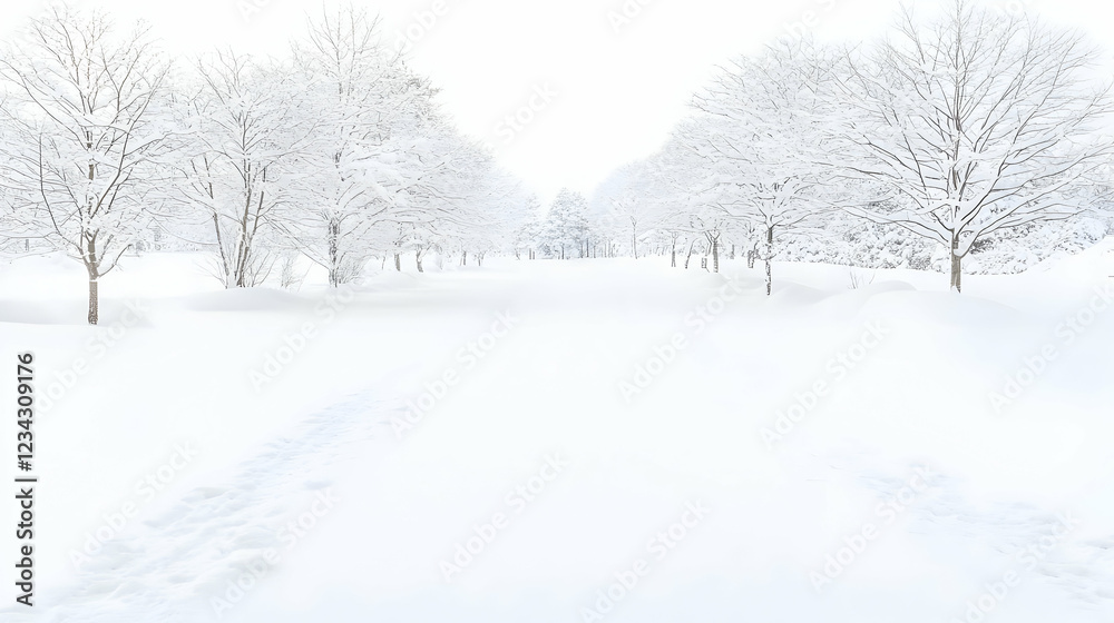 Snowy path through winter trees, tranquil landscape, winter wonderland scene Snowy path through winter trees, tranquil landscape, winter wonderland scene