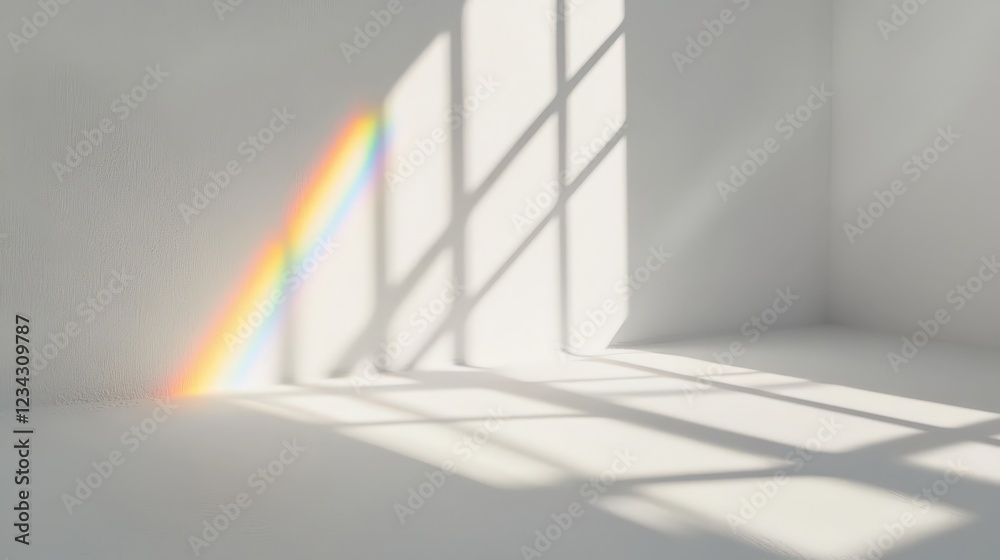 Obraz premium Bright Rainbow Shadow Effect in Minimalistic Interior Mockup with Soft Light and White Walls for Creative Design Projects
