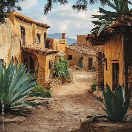 A desert village where agave plants are used in architecture, earthy textures, rustic charm
 photo