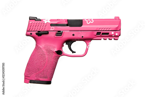 A pink semi-automatic pistol with a floral pattern and textured grip, isolated on a white background.