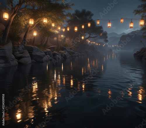 serene body of water with lit lanterns floating on it, tranquil, quiet, serene