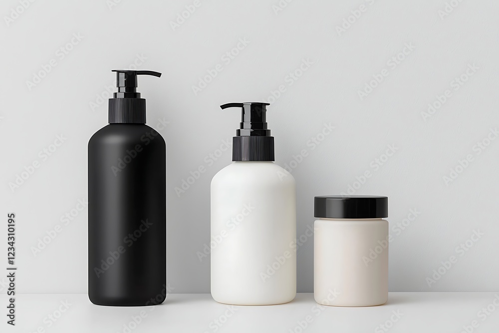 A minimalist display of three elegant cosmetic containers: a black bottle, a white bottle, and a cream jar, set against a neutral background. A minimalist display of three elegant cosmetic containers: a black bottle, a white bottle, and a cream jar, set against a neutral background.