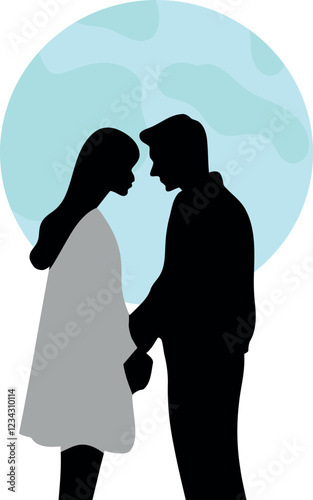 A beautiful and atmospheric silhouette of a couple under the moon, capturing the essence of love and romance. This enchanting illustration depicts two lovers sharing 