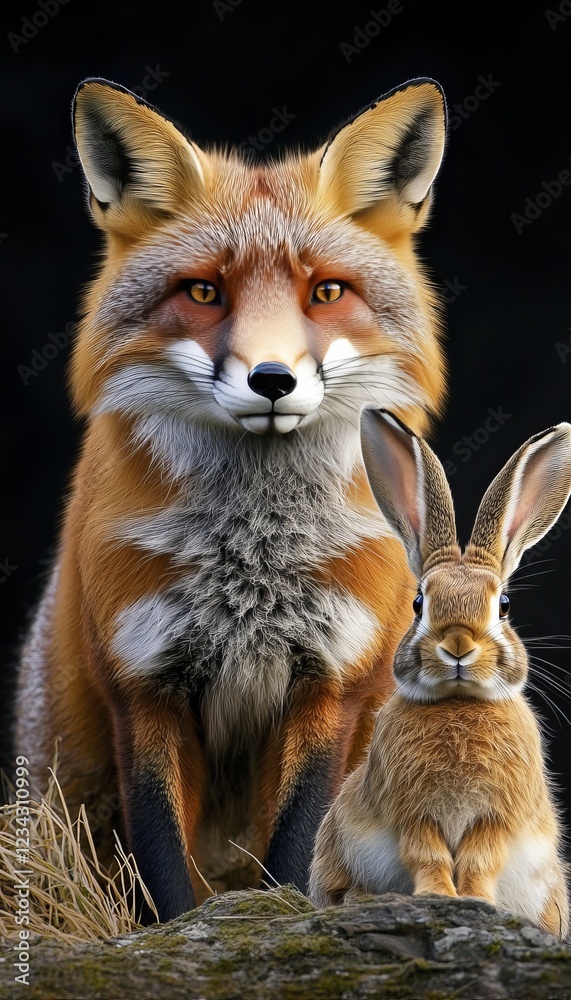 Obraz premium Red Fox and European Rabbit A Study in Contrast, Wildlife Portrait on Black Background