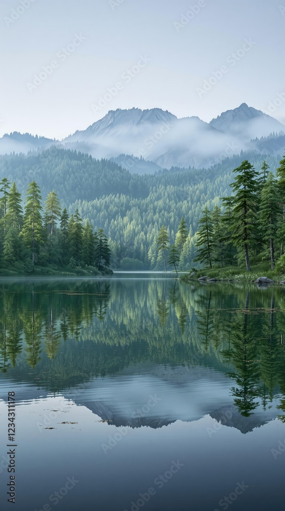 Naklejka premium Ripples on a lake's surface creating a mirrored image of the surrounding landscape, reflective surface, lake scene, natural reflection, , peaceful atmosphere