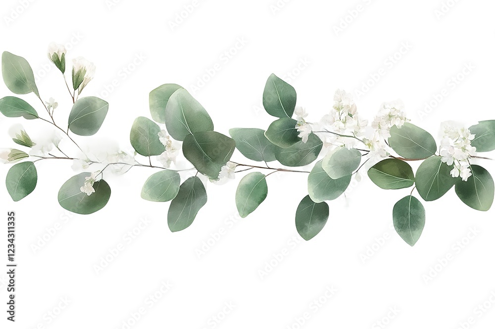 Obraz premium Elegant Watercolor Eucalyptus Branch with Delicate White Accents: Perfect for Wedding Invitations, Botanical Illustrations, Greeting Cards, Branding, and Lifestyle Designs. Adds a touch of 
