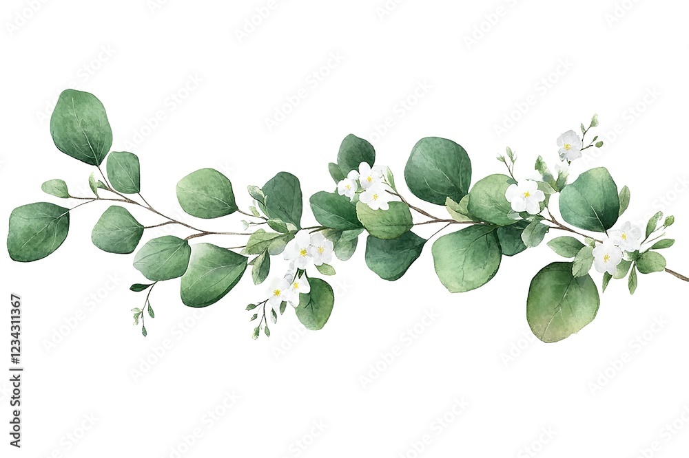 Obraz premium Vibrant Watercolor Eucalyptus Branch: Lush Green Leaves, Delicate White Number 3, Botanical Illustration, Perfect for Wedding Invitations, Greeting Cards, Branding, Logos, Packaging Design,