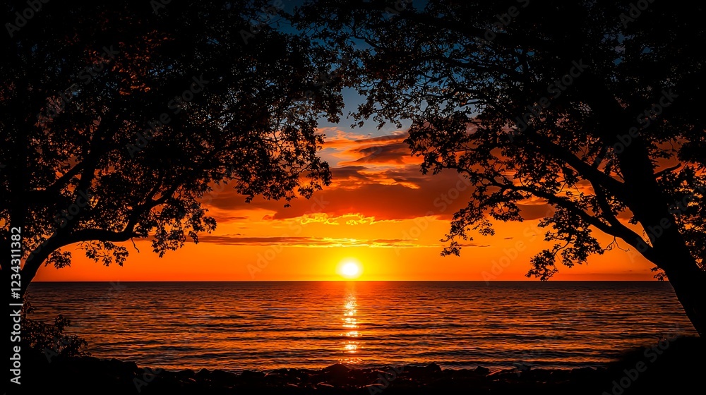 Fiery Sunset Over Ocean Through Silhouetted Trees Fiery Sunset Over Ocean Through Silhouetted Trees