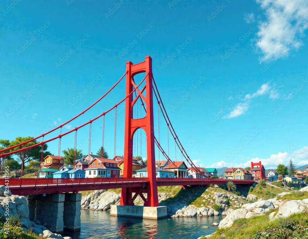 Obraz premium Red bridge and colorful houses under blue sky, houses, river