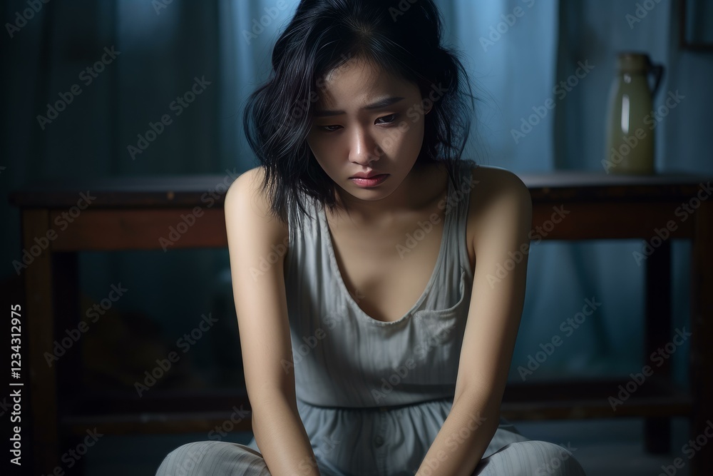 Young woman sitting on the floor shows her depression and sadness in a dark room Young woman sitting on the floor shows her depression and sadness in a dark room