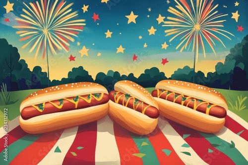 Festive Fireworks Picnic Hot Dogs Celebrate Summer photo