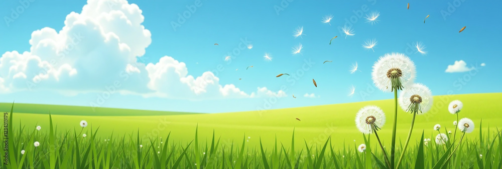 seeds blow away blue sky wind touches dandelion flowers vast green seeds blow away blue sky wind touches dandelion flowers vast green