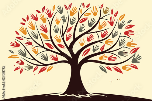 6 Tree of diversity, colorful handprints as leaves, unity symbol, multicultural community, vibrant palette, abstract art, social inclusion concept, textured background, symmetrical composition, spread