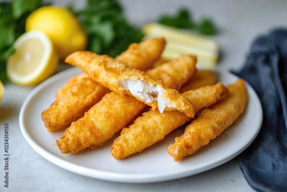 Freshly cooked fish sticks served on a clean white plate, perfect for a quick snack or meal Freshly cooked fish sticks served on a clean white plate, perfect for a quick snack or meal