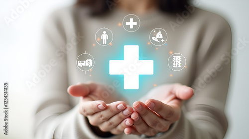 Health insurance health concept. access to welfare health and copy space,Woman hand holding plus with healthcare medical icon on blue sky background