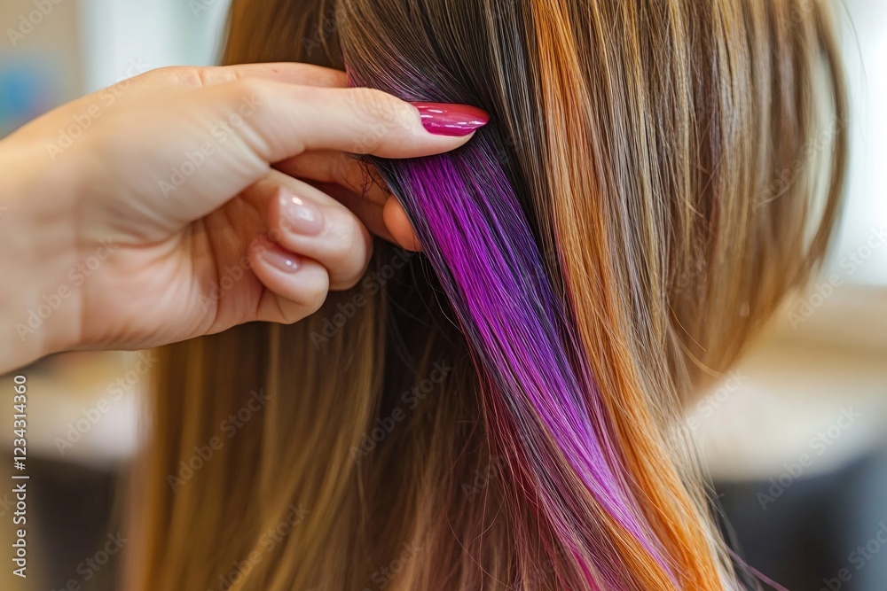 Fototapeta premium A woman having her hair styled in shades of pink and purple, close-up view