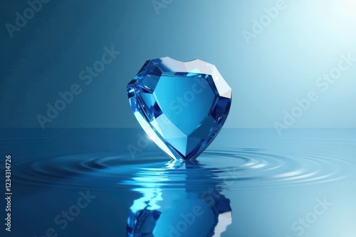 Glass blue shield with diamond shape reflected in calm water, glass, calm, pure photo