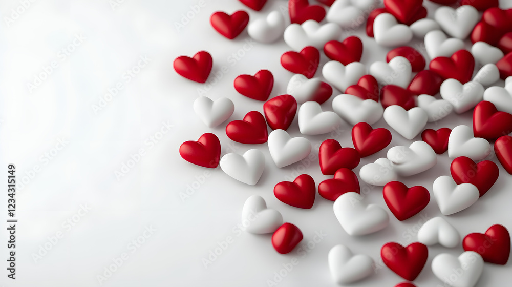 Red and white hearts scattered over a white surface, suggesting romance and purity, ideal for romantic contexts or Valentine's Day celebrations and designs. Red and white hearts scattered over a white surface, suggesting romance and purity, ideal for romantic contexts or Valentine's Day celebrations and designs.