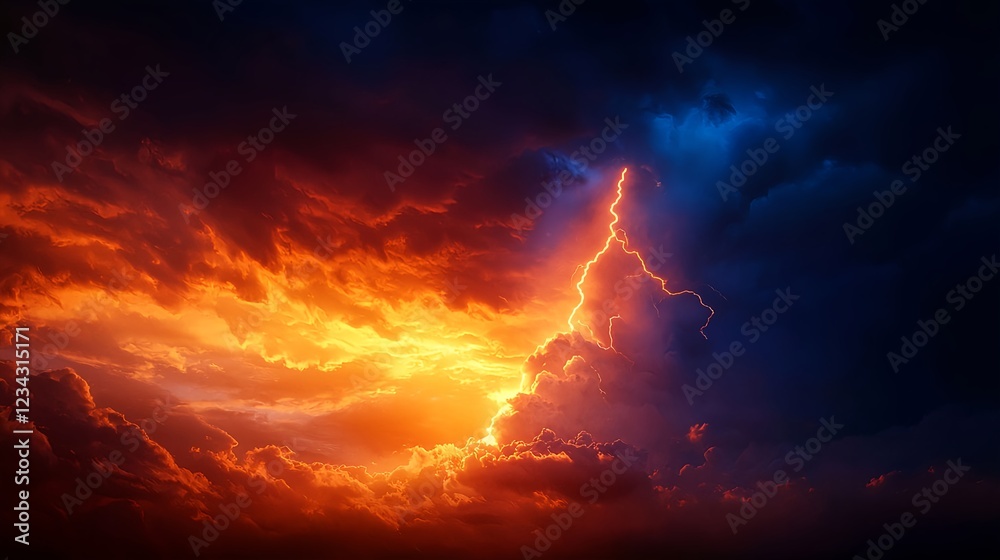 Naklejka premium Fiery Sunset Sky with Dramatic Lightning