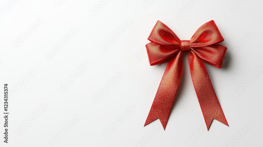 Red Sparkly Ribbon Bow on White Background Festive Minimalist Holiday Decoration Red Sparkly Ribbon Bow on White Background Festive Minimalist Holiday Decoration