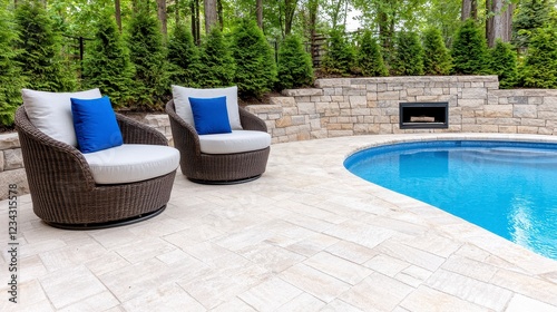 Relaxing Patio with Wicker Chairs near Blue Pool and Stone Fire Pit