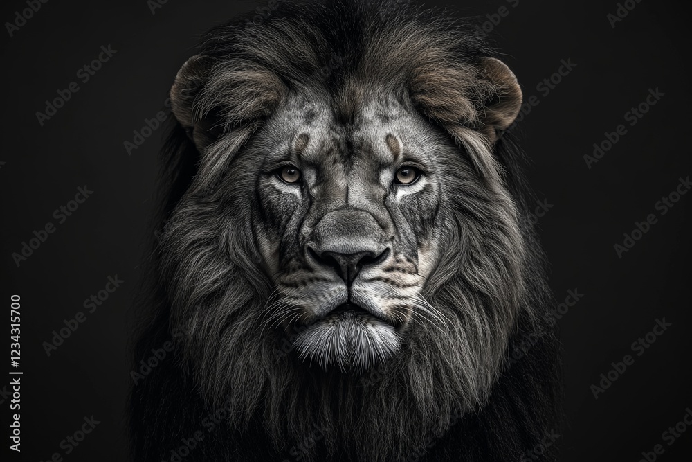 Majestic lion with striking features poses against a dark background, highlighting its regal presence and intense gaze