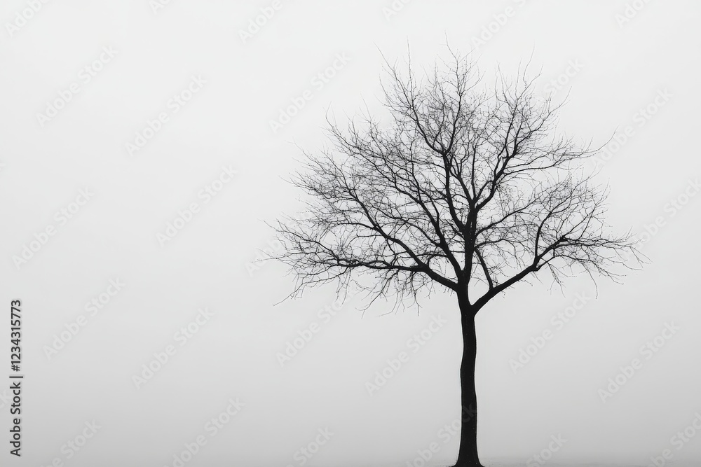 Lonely tree stands tall in foggy landscape during early morning hours Lonely tree stands tall in foggy landscape during early morning hours