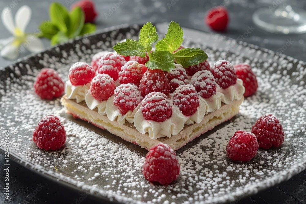 Square meringue cake is topped with whipped cream, fresh raspberries, and a dusting of powdered sugar, creating a delightful dessert Square meringue cake is topped with whipped cream, fresh raspberries, and a dusting of powdered sugar, creating a delightful dessert
