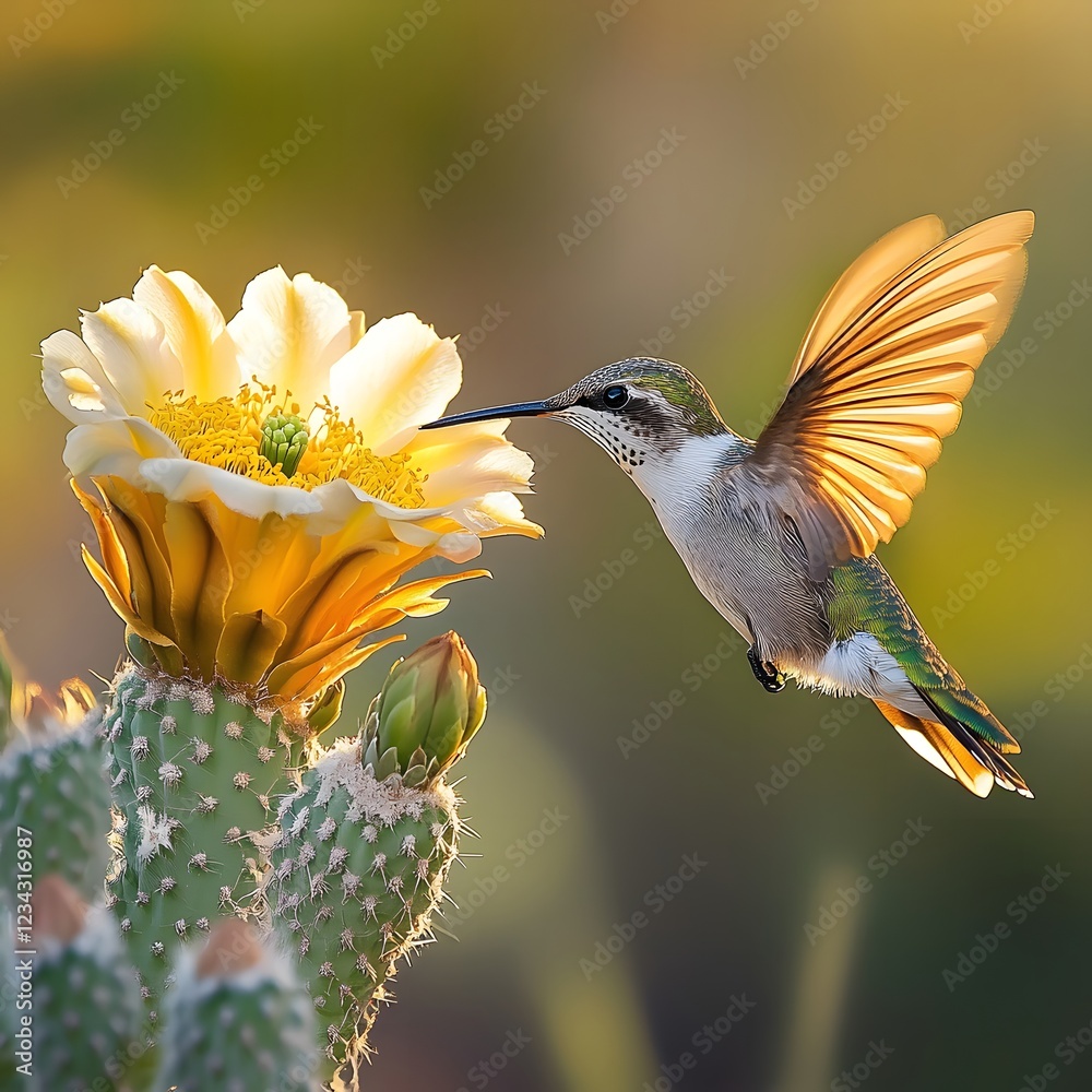 Fototapeta premium A hummingbird hovering near a blooming saguaro flower, delicate details, nature photography