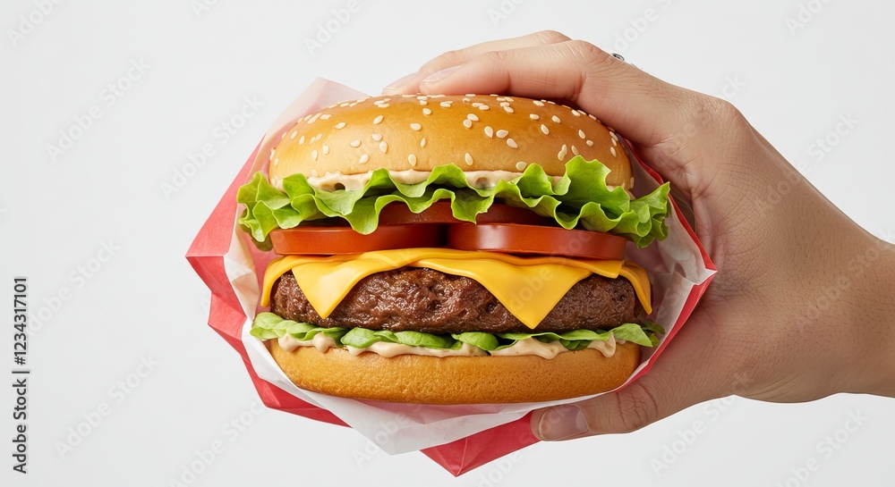 Hand lifting burger from takeout wrapper Hand lifting burger from takeout wrapper