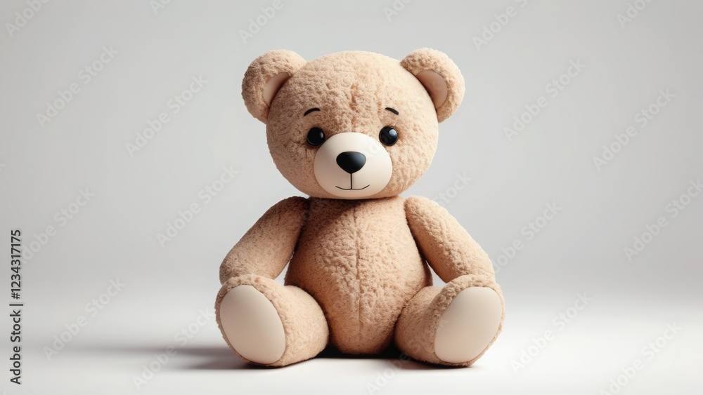 Obraz premium Adorable plush teddy bear sitting on a white background. Soft and fluffy with a friendly smile, perfect for children's themes, nursery decor, and toy advertisements