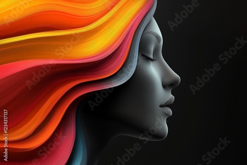 Beautiful woman with flowing colorful hair in artistic profile against a dark background