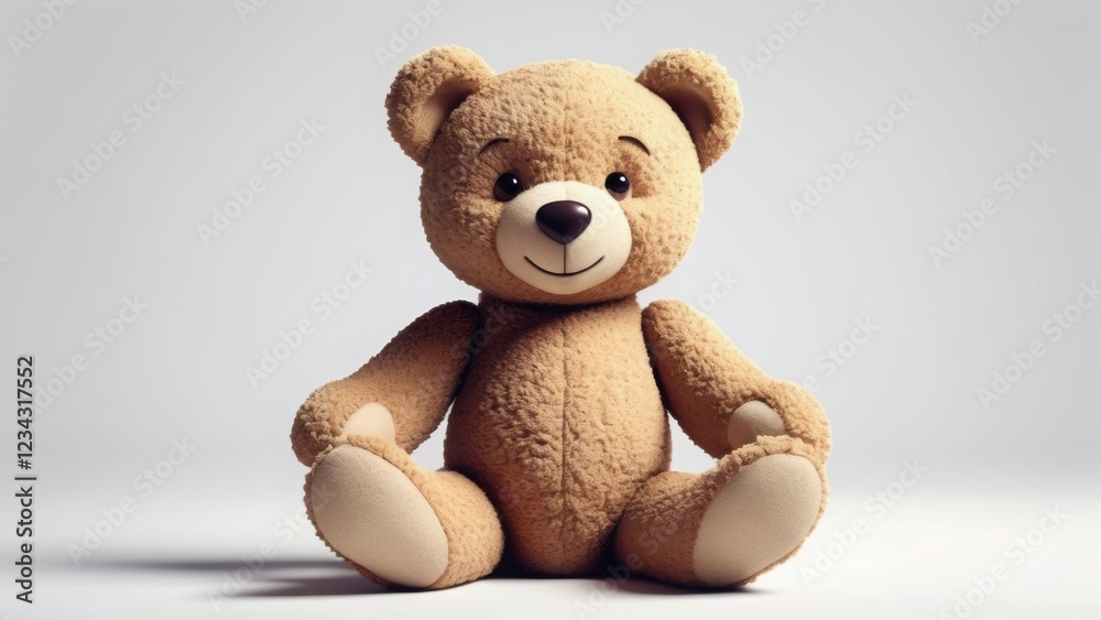 Obraz premium Cute beige teddy bear with a soft plush texture, sitting against a minimalistic white background. Ideal for baby-related designs, gifts, and childhood nostalgia concepts