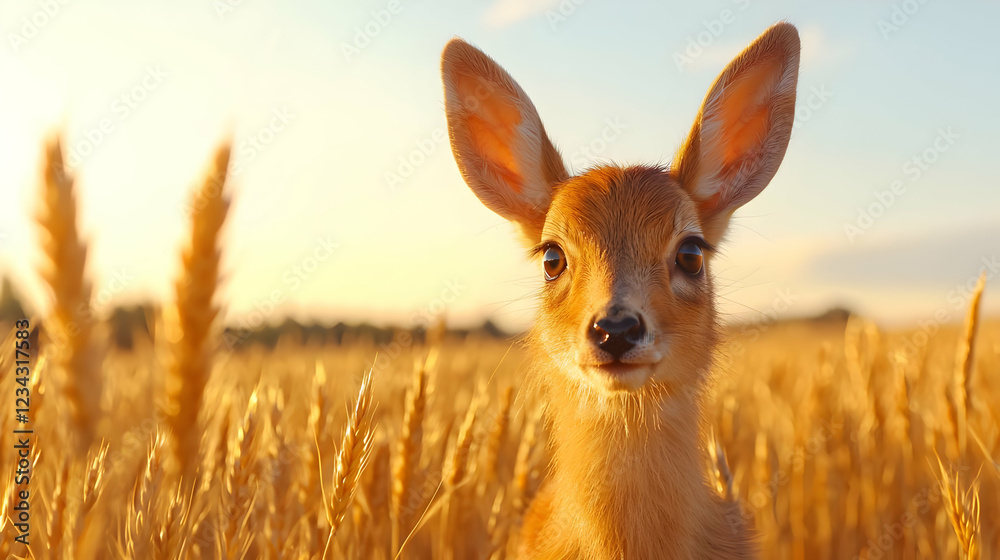 Fawn in wheat field at sunset; nature background Fawn in wheat field at sunset; nature background