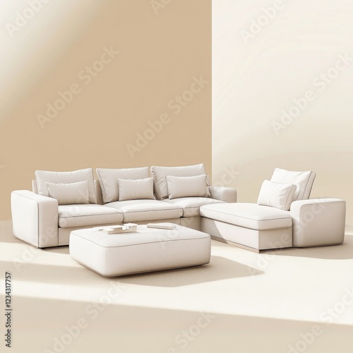 A white couch and ottoman in a cozy living room setting photo