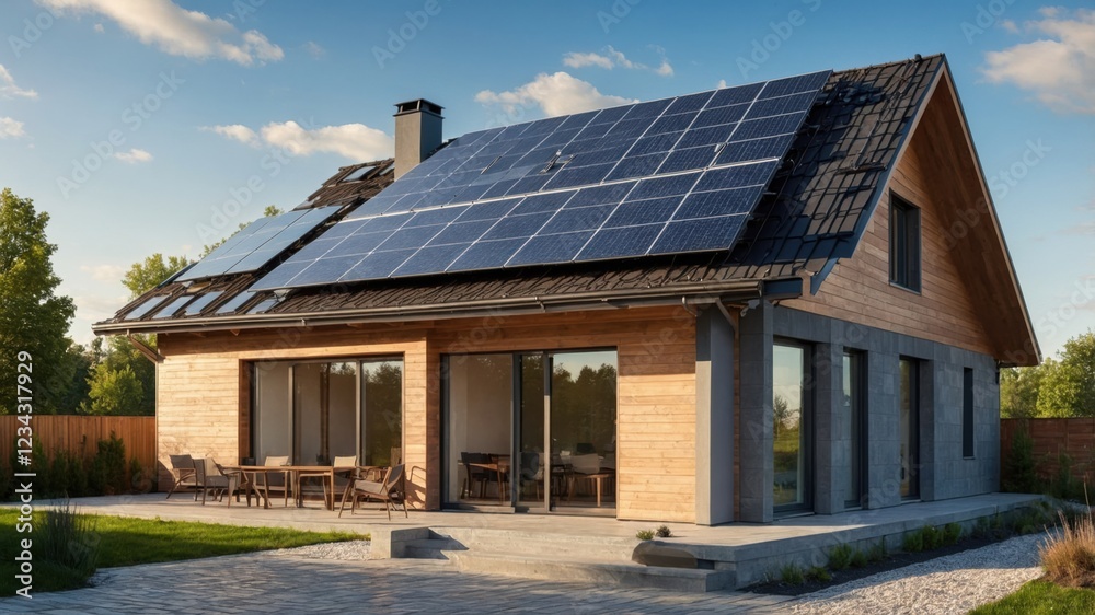 Sustainable home design featuring solar panels seamlessly integrated into the architecture. Energy-efficient and aesthetically pleasing. Sustainable home design featuring solar panels seamlessly integrated into the architecture. Energy-efficient and aesthetically pleasing.