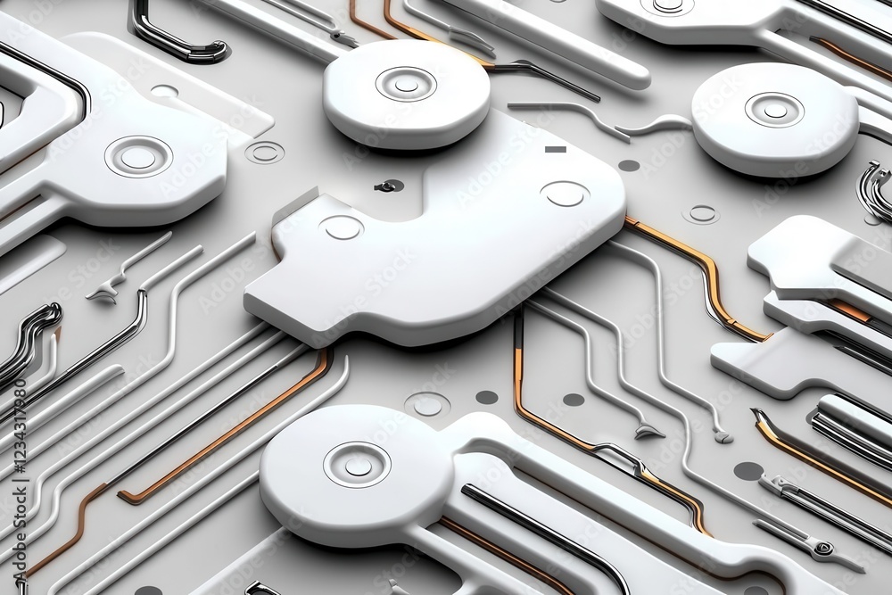 Fototapeta premium Abstract close-up of a modern circuit board featuring intricate designs and metallic components, perfect for technology concepts.