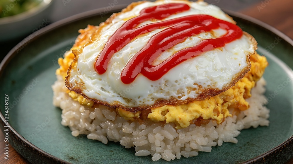 Japanese omurice featuring fluffy egg over fried rice drizzled ketchup for a playful presentation Japanese omurice featuring fluffy egg over fried rice drizzled ketchup for a playful presentation