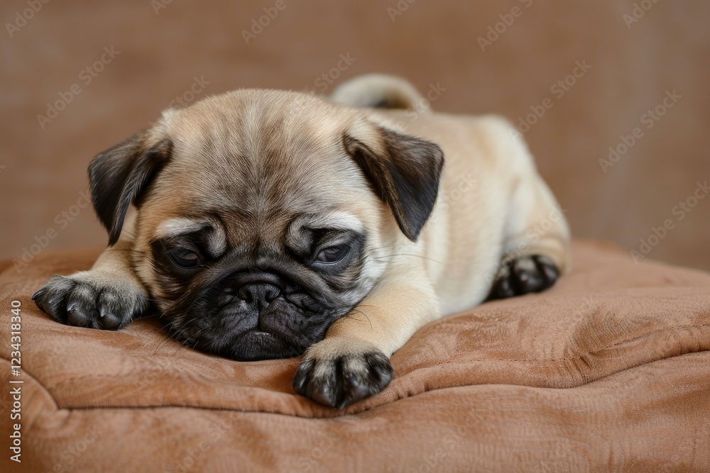 Adorable pug puppy resting on brown cushion Adorable pug puppy resting on brown cushion