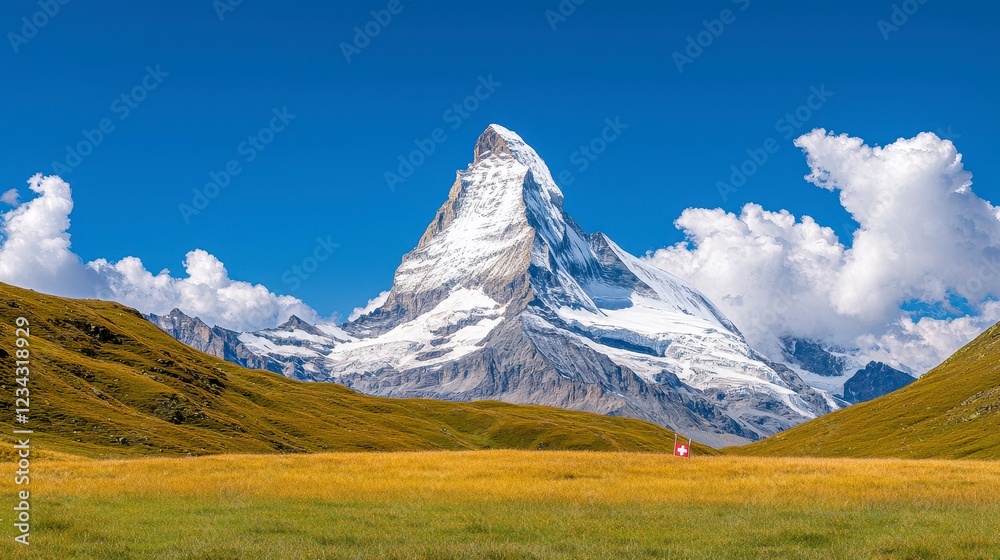 Fototapeta premium Snow Capped Mountain Peak Overlooking Wildflower Field Under Blue Sky