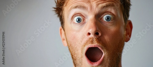 Shocked man's face, studio portrait, grey background, surprise reaction photo