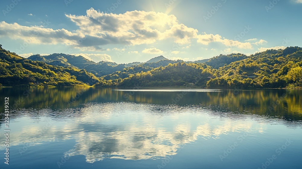 Obraz premium Serene Mountain Lake Reflecting Cloudscape Under Sunlight