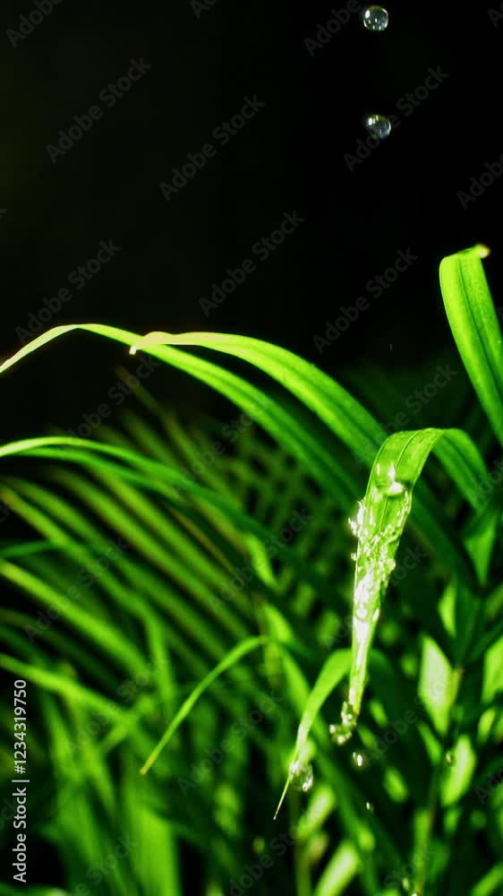 Fresh Water Droplets Splashing On Lively Green Leaves Fresh Water Droplets Splashing On Lively Green Leaves