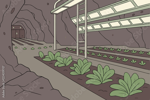 9 Underground hydroponic farm, futuristic agriculture, rocky cavern, LED grow lights, rows of leafy greens, industrial metal walkway, sci-fi ambiance, sustainable farming, subterranean greenhouse, hig