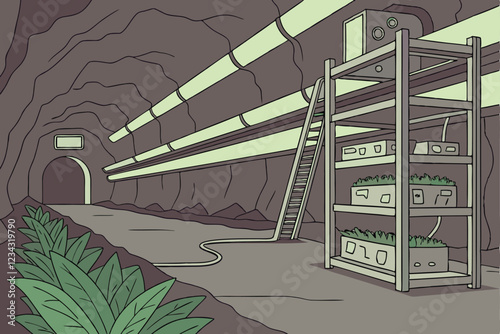 9 Underground hydroponic farm, futuristic agriculture, rocky cavern, LED grow lights, rows of leafy greens, industrial metal walkway, sci-fi ambiance, sustainable farming, subterranean greenhouse, hig photo